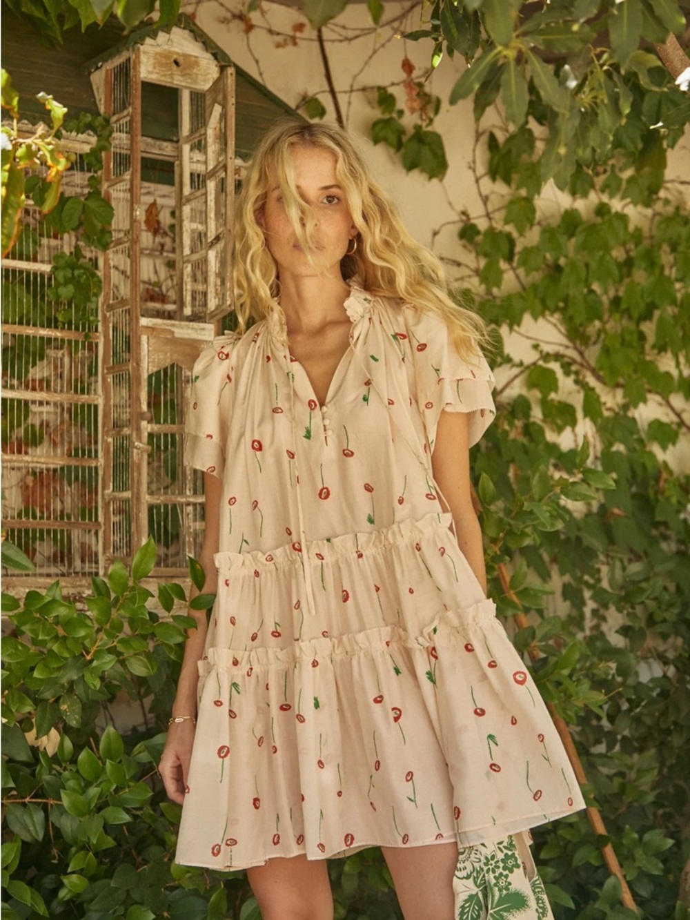 HUNTER BELL Cream Floral Tiered Babydoll Dress with Red & Green Accents